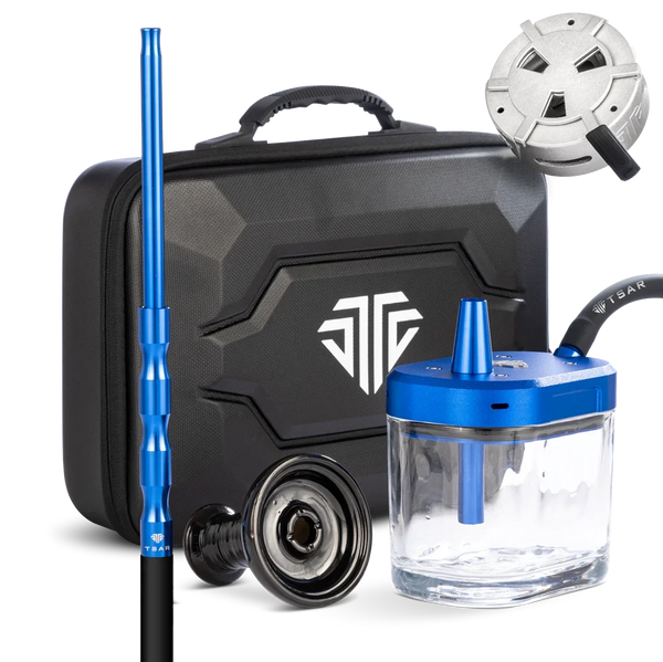 Modern blue portable hookah set with glass base, metal stem, hose, bowl, and travel case