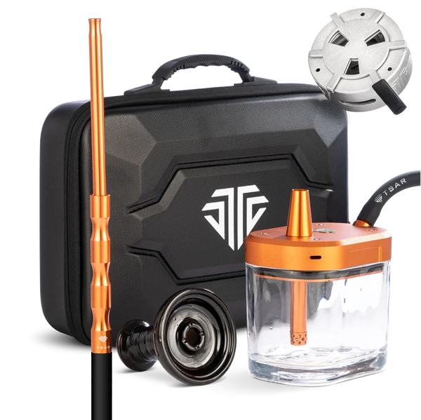 Modern orange hookah set with glass base, accessories, and carrying case