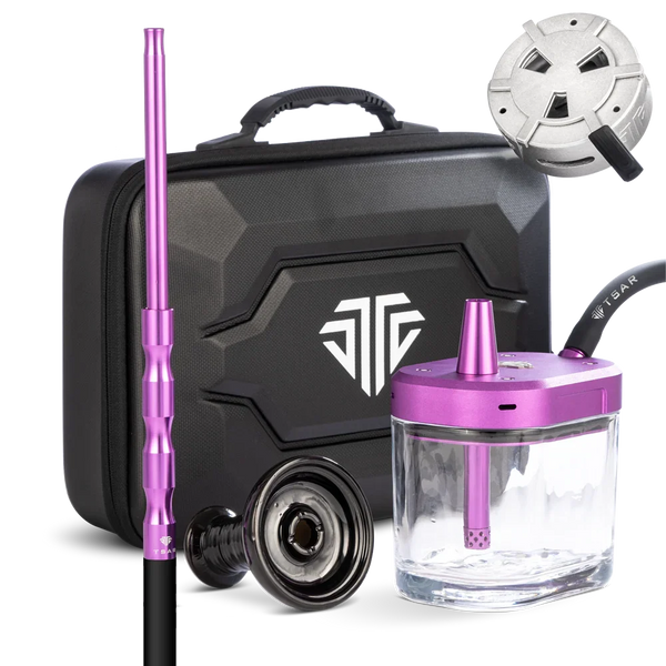 Purple portable hookah set with glass base, accessories, and carrying case
