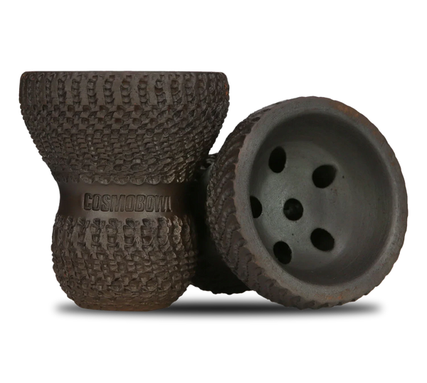 Textured dark clay shisha bowl with multiple holes, CosmoBowl engraving visible