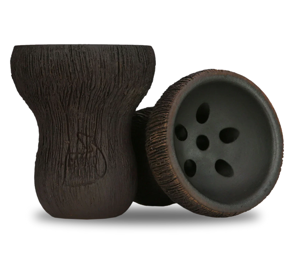 Textured brown clay hookah bowl with multiple holes, shisha accessory, close-up view