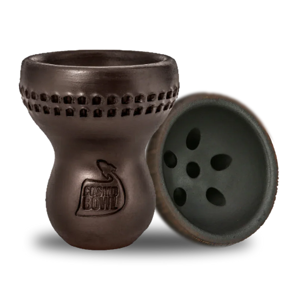 Dark ceramic hookah bowl with textured rim and engraved logo, shown front and underside