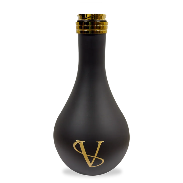 Matte black and gold shisha base with elegant VS lettering, isolated on white background.