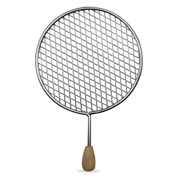 Round silver hookah charcoal screen with wooden handle on black background