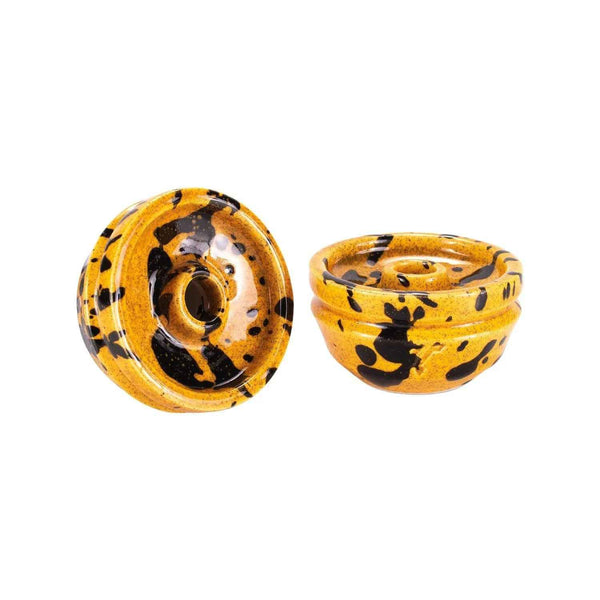 Yellow and black phunnel hookah bowl with speckled pattern on white background