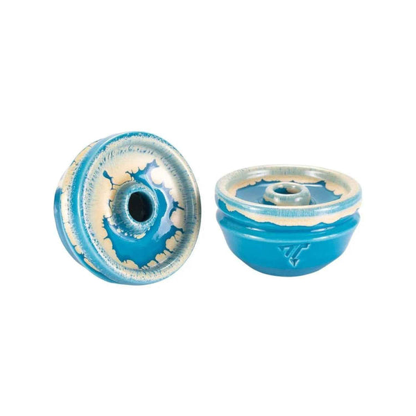 Blue and beige phunnel hookah bowl with glazed ceramic finish, shown from two angles