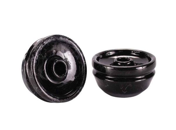 Black ceramic phunnel hookah bowl with glossy finish, shown from top and side angles