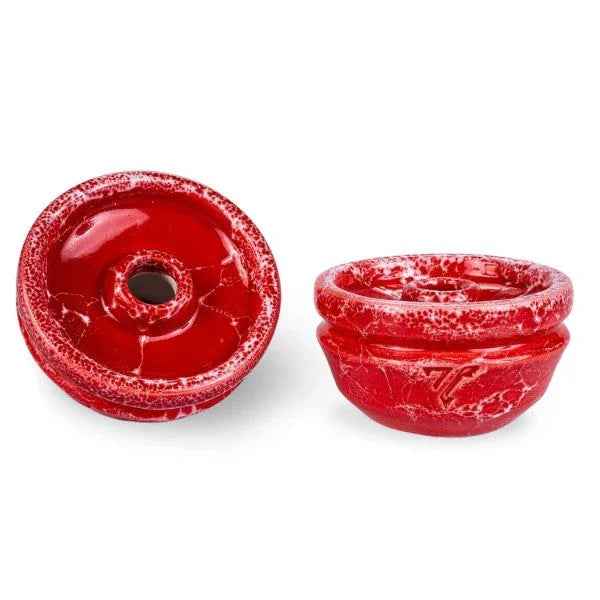 Red ceramic hookah phunnel bowl with marbled texture, two angles on white background