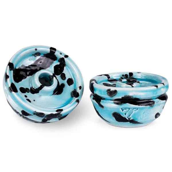 Blue and black ceramic phunnel hookah bowl with speckled design, displayed on white background