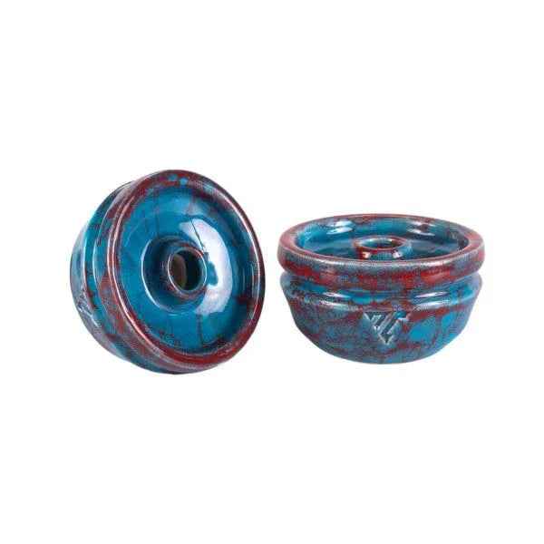 Blue and red ceramic hookah bowl with phunnel design, shown from top and side views