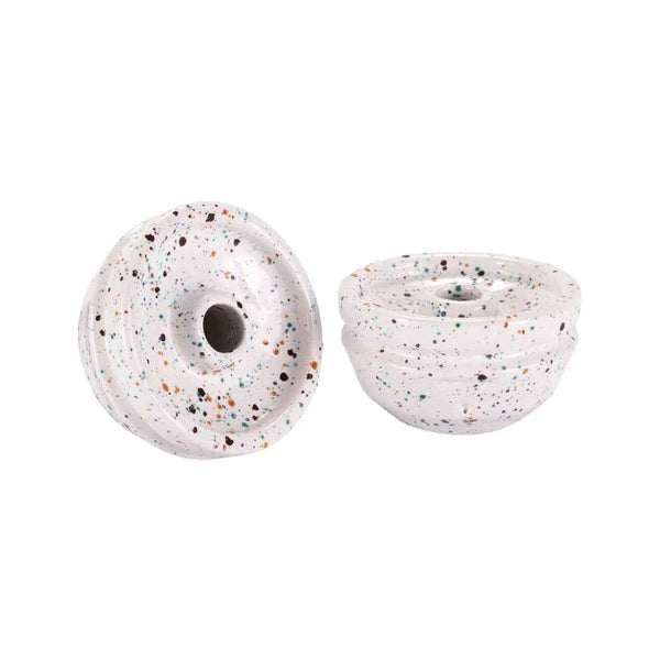 White speckled hookah phunnel bowls with central holes on a plain background