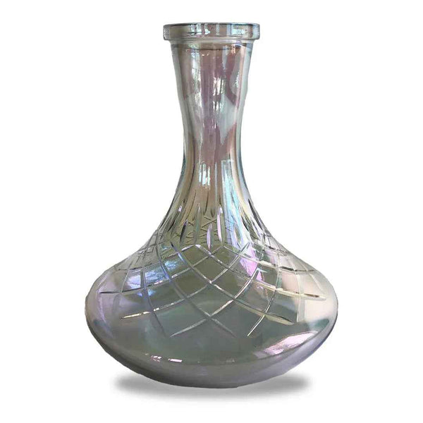 Iridescent glass shisha base with engraved pattern on white background
