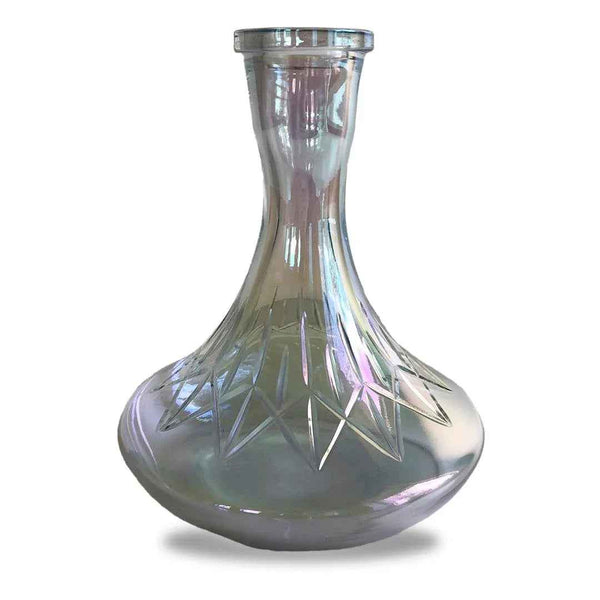 Iridescent glass shisha base with etched geometric star patterns on white background