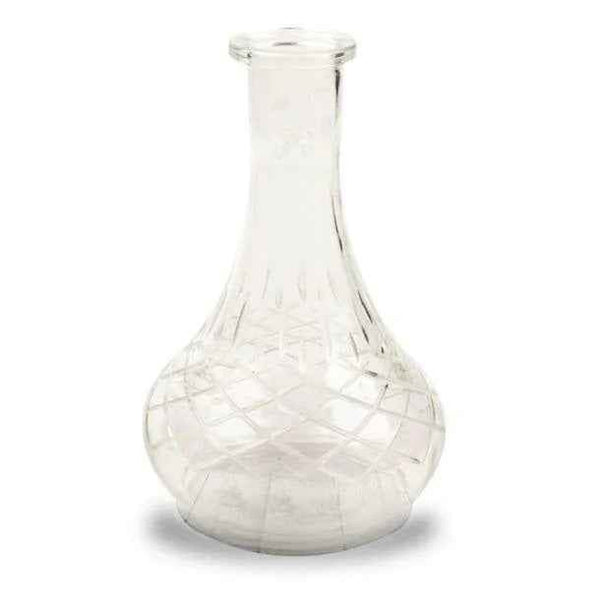 Clear glass shisha base with etched criss-cross pattern on a white background