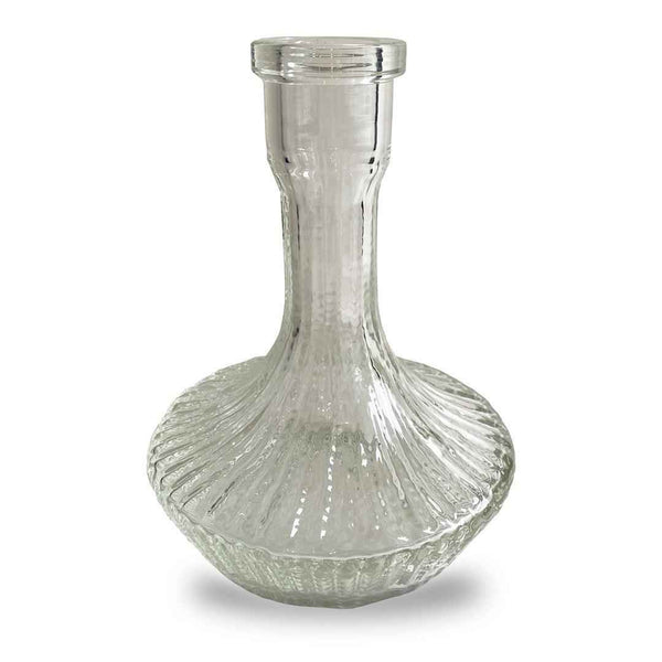 Clear glass hookah base with textured spiral design on white background