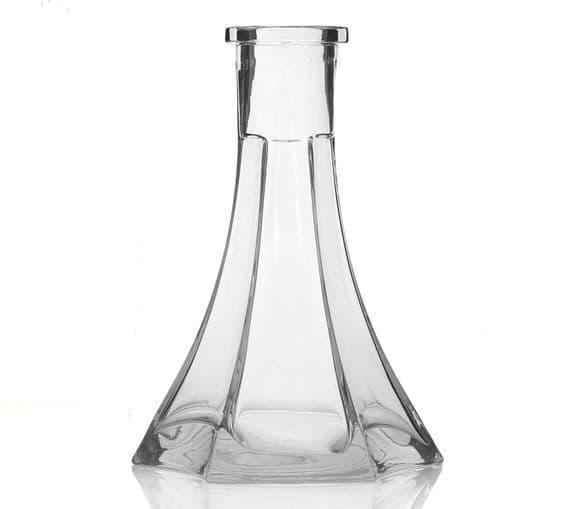 Clear glass shisha base with wide square bottom and tall neck on white background