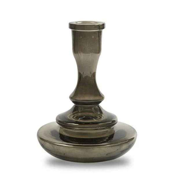 Smoked glass shisha base with a wide bottom and narrow neck on white background