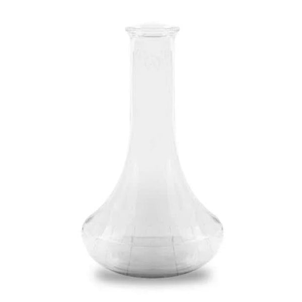 Clear glass shisha base with wide bottom and narrow neck on white background