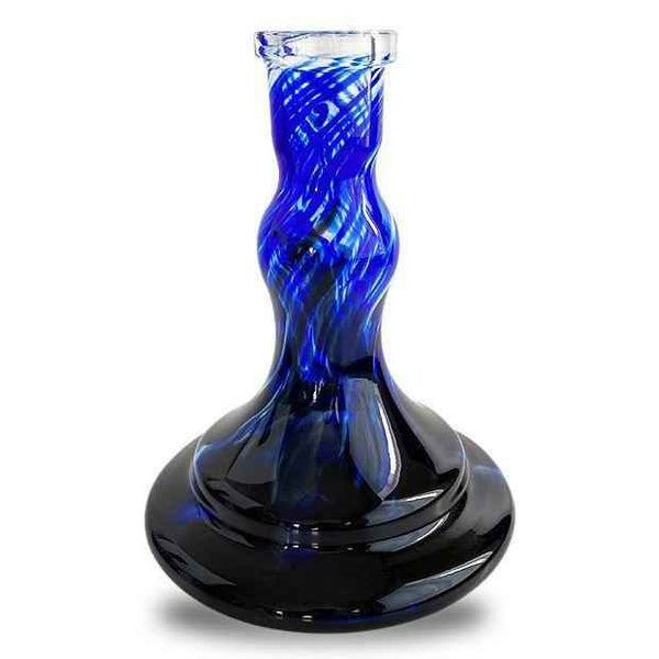 Blue and black wave-patterned glass shisha base on a white background