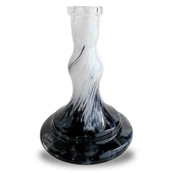 Black and white wave-patterned glass shisha base with curved design on white background
