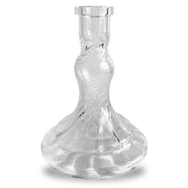 Clear glass shisha base with wave and grooved design on white background