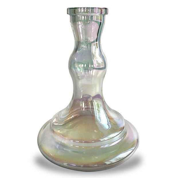 Iridescent glass shisha base with wave pattern and reflective pearl finish on white background.