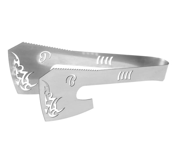Stainless steel hookah coal tongs with axe-shaped ends and decorative cutouts