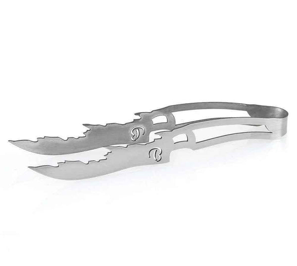 Stainless steel vintage hookah coal tongs with decorative cut-out design on white background