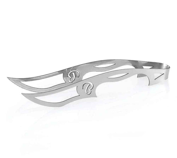 Stainless steel shisha coal tong with flame cutout design on white background