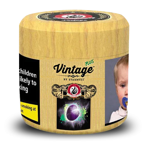 Vintage Plus Starbuzz shisha tobacco container with wood texture and child health warning label