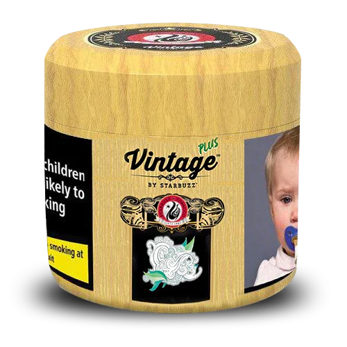 Vintage Plus Starbuzz shisha tobacco tub with warning label and wooden-style lid