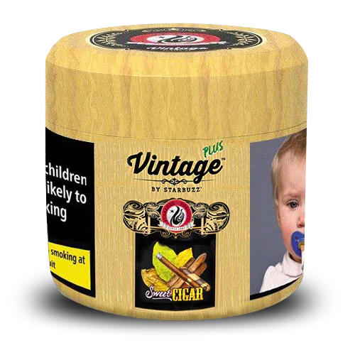 Starbuzz Vintage Plus shisha tobacco jar with sweet cigar flavor, wooden design, health warning label