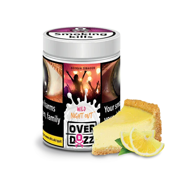 Hookah tobacco Wild Night Out flavor can with lemon tart slice, smoking kills label