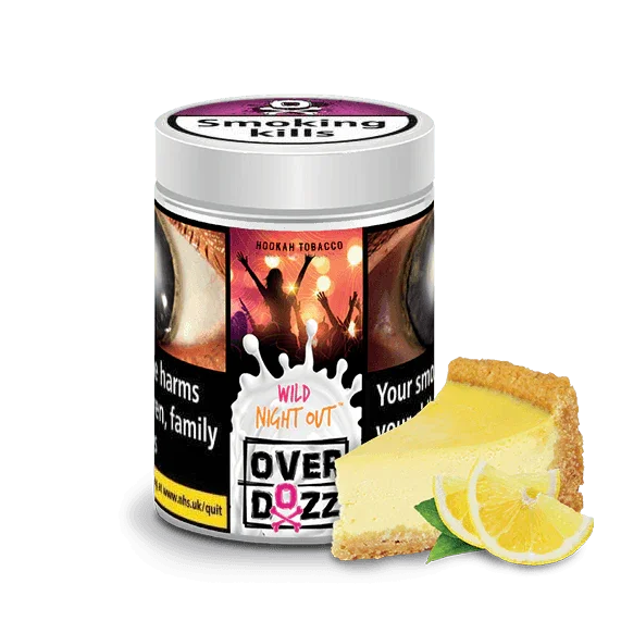 Wild Night Out hookah tobacco tin with warning label and lemon cheesecake slice