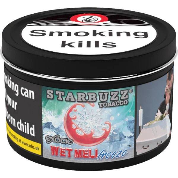 Starbuzz Wet Meli Freeze shisha tobacco tin with health warnings and colorful label