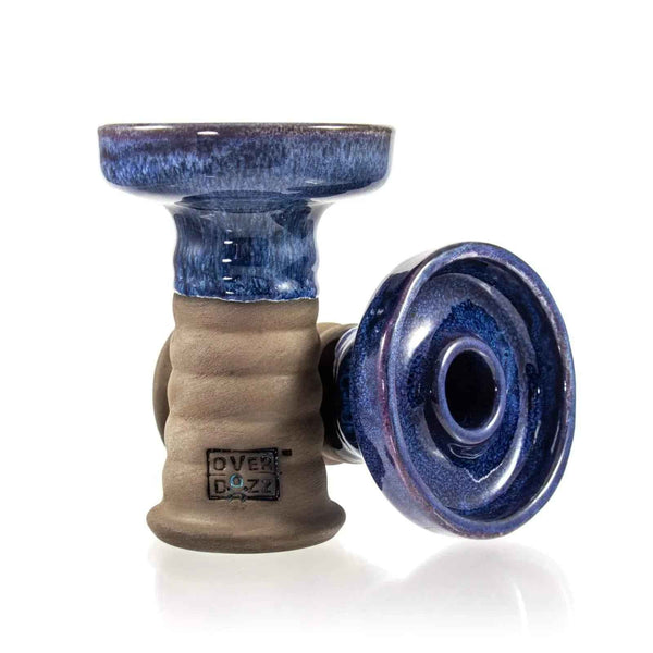 Handcrafted blue ceramic shisha bowl with textured sides and Overdozz logo on base
