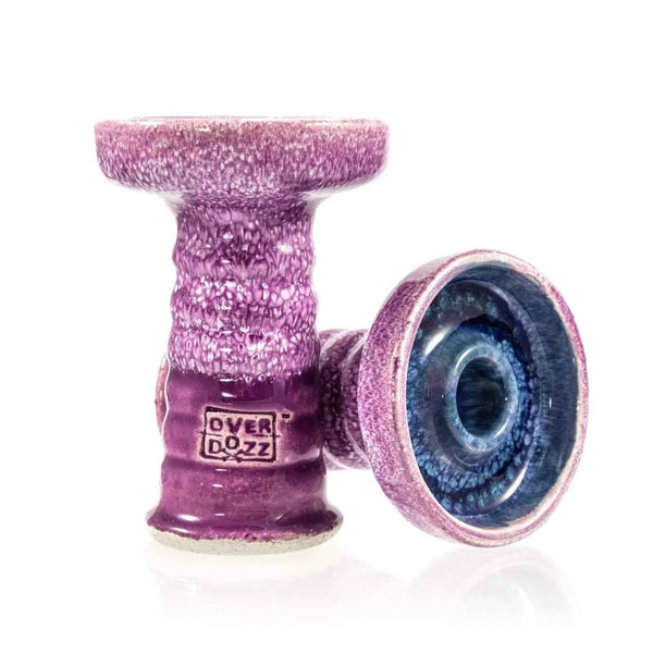 Purple ceramic hookah bowl with textured surface and Overdozz logo, isolated on white