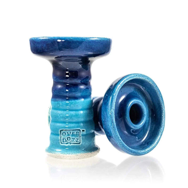 Blue ceramic shisha bowl Overdozz, hookah accessory with glossy finish on white background