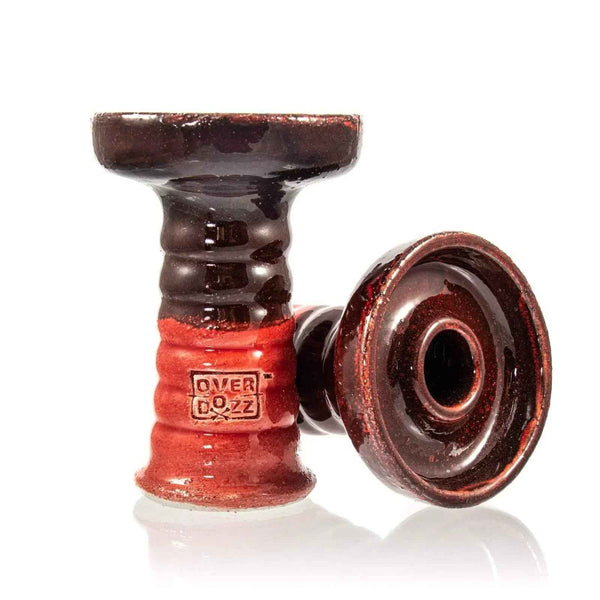 Red and black ceramic hookah bowl on white background, Overdozz brand engraved.