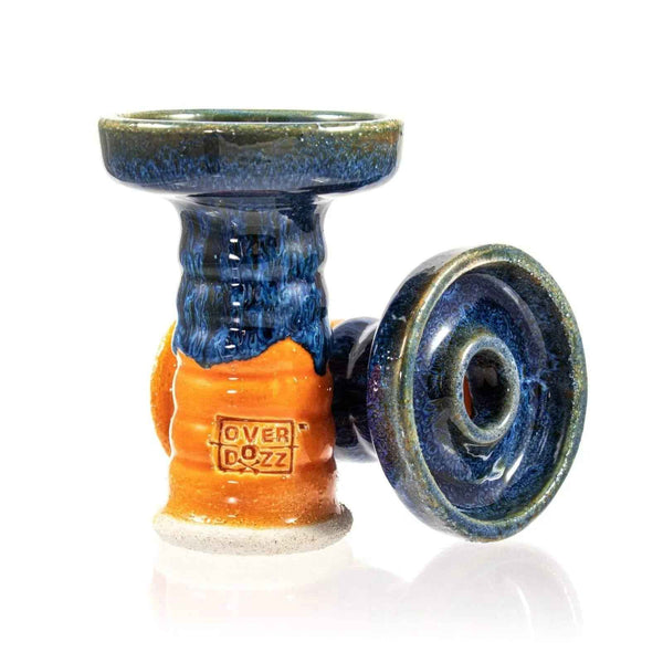 Handcrafted ceramic shisha bowl in blue and orange glaze, Overdozz logo visible, hookah accessory