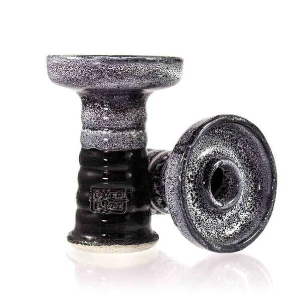 Ceramic shisha bowl with black and white speckled glaze for hookah, close-up view