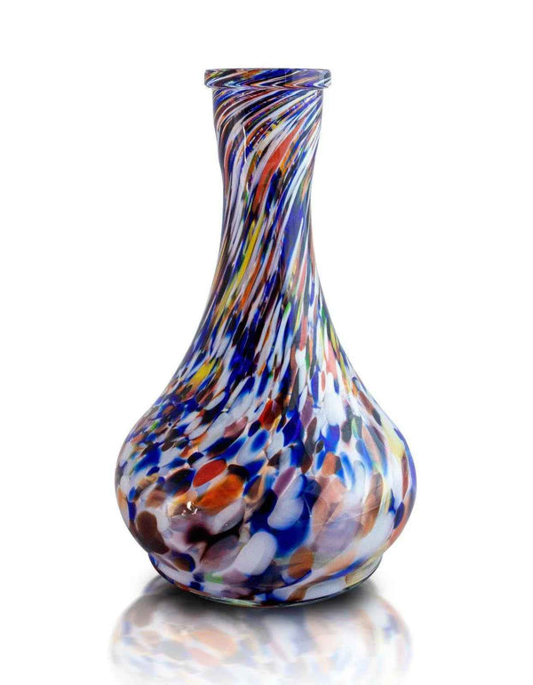Colorful glass hookah vase with swirling multicolored pattern on white background
