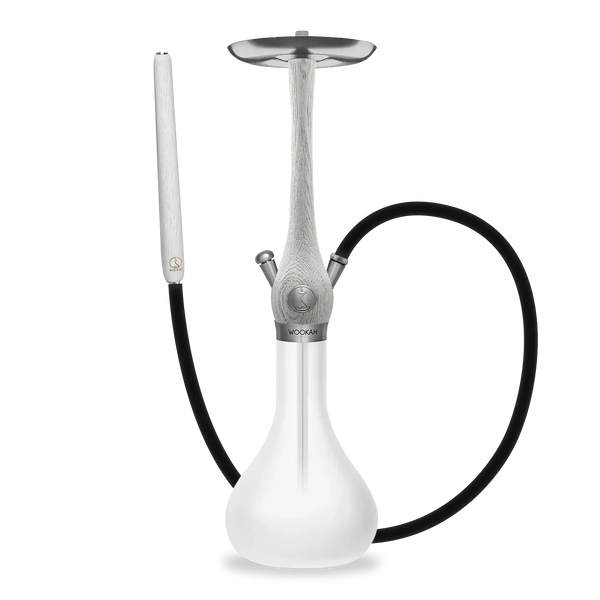 White modern shisha pipe with frosted glass base and black hose on white background
