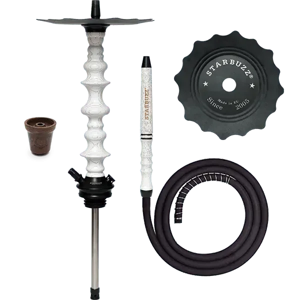 Modern white and black wood hookah with accessories, hose, bowl, and metal tray