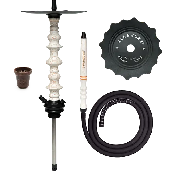 White hookah with orange stripes, bowl, hose, mouthpiece, and Starbuzz tray included
