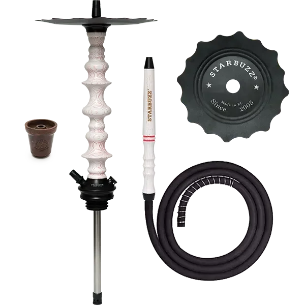 Wood hookah with white and red stripes, hose, tobacco bowl, and Starbuzz accessories