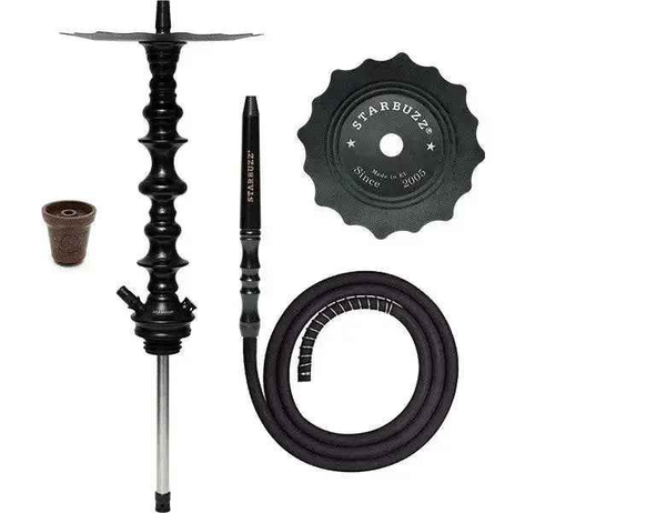 Black hookah set with hose, clay bowl, and decorative tray on white background