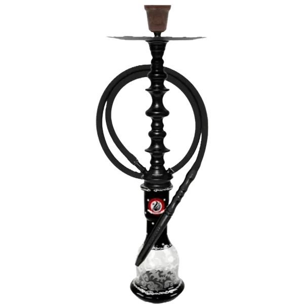 Black modern hookah with decorative glass base and coiled hose on white background