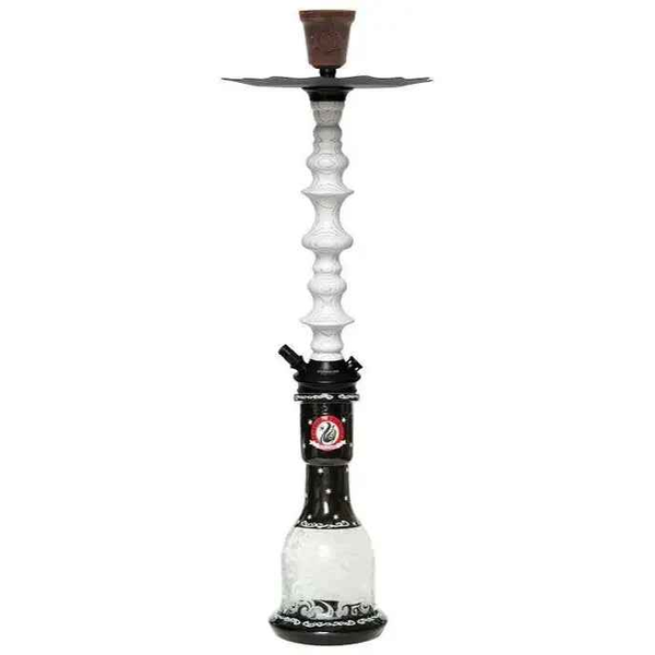 White and black modern hookah with ornate patterns and a brown clay bowl on top
