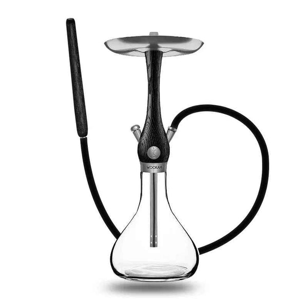 Modern hookah with a clear glass base, black wooden stem, and black silicone hose